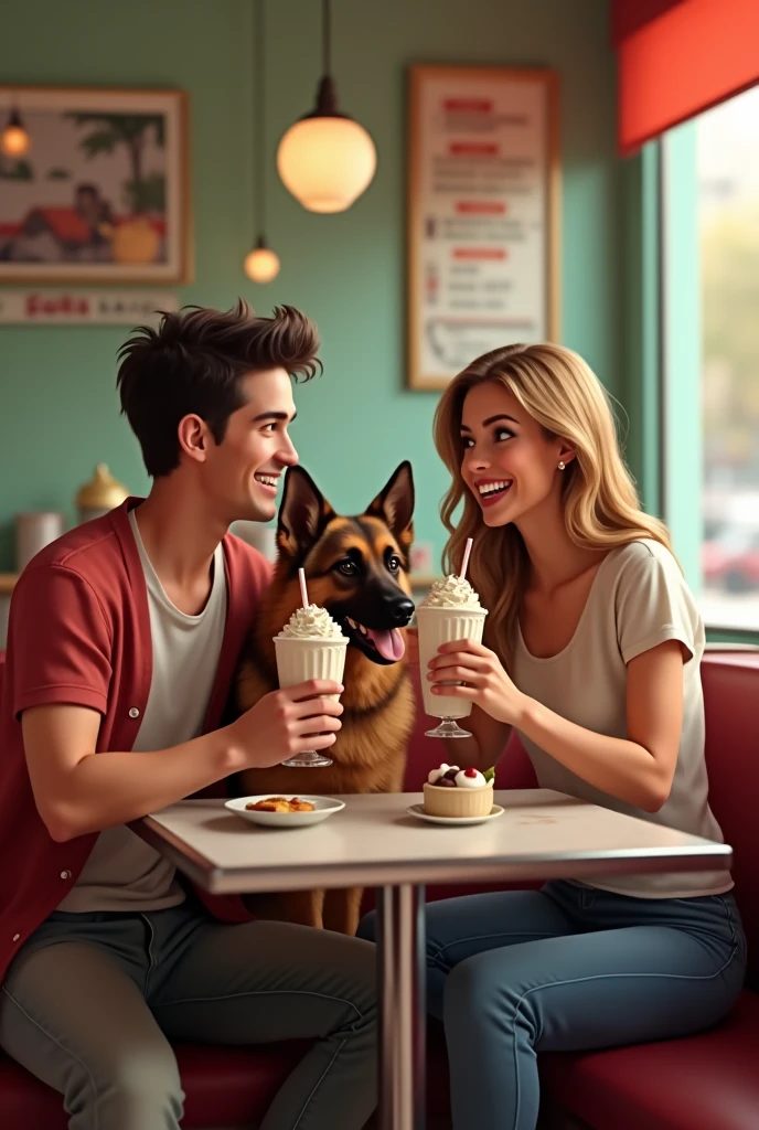 couple with a german shepherd drinking milkshakes