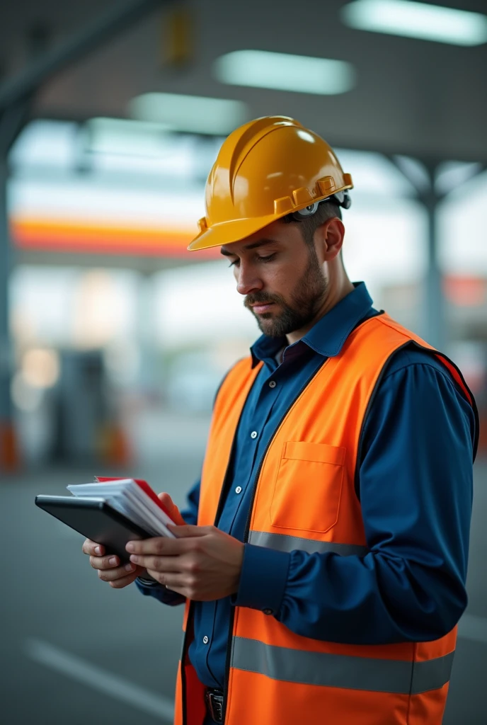 In the background the structure of a service station, but this is blurred or with a transparency effect that softens the details and colors so that it remains in the background and the inspector must be located in the center with a high level of detail. His clothing must have a safety vest and helmet.. The Inspector's action is to review a Check List or tablet with visible documents or graphics..