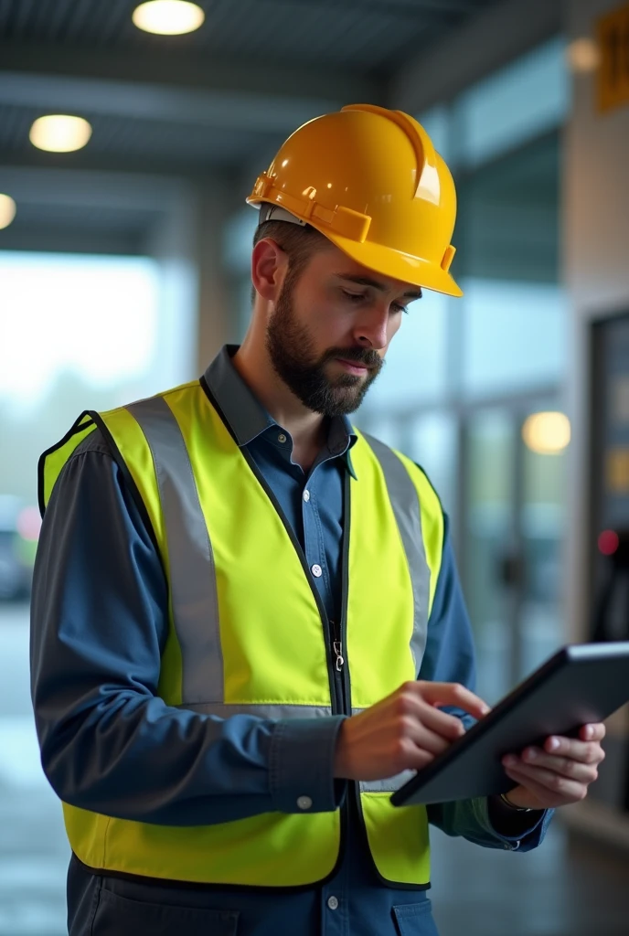 In the background the structure of a service station, but this is blurred or with a transparency effect that softens the details and colors so that it remains in the background and the inspector must be located in the center with a high level of detail. His clothing must have a safety vest and helmet.. The Inspector's action is to review a Check List or tablet with visible documents or graphics..