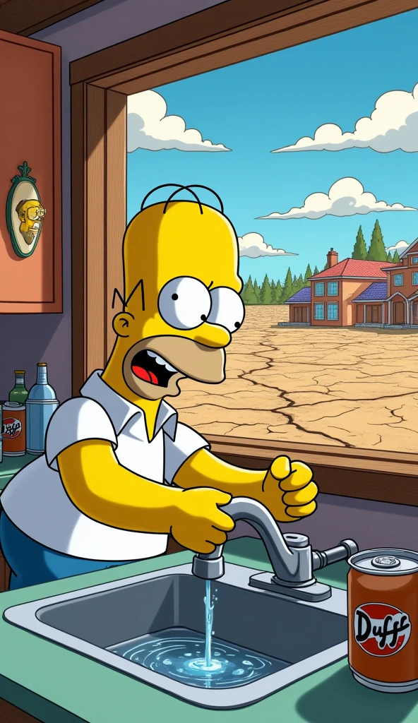 a simpsons style image of a drought in Springfield and Homer Simpson looking shocked to see the tap doesn't work