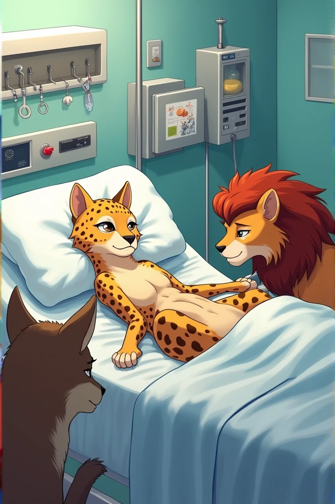 A female cheetah, in a hospital bed, being visited by a wolf, A lioness, anime style
