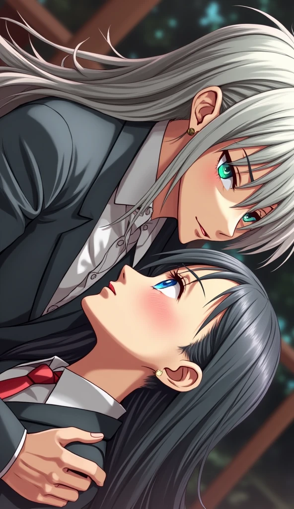 (anime art wallpaper 32k:1.9, Highest quality, masterpiece, Ultra-high resolution), Perfect dynamic composition:1.3, Highly detailed skin and facial textures:1.3, Cute sexy slim Japanese schoolgirl, Tall slim man, (Man hugging woman:1.3), Fair skin, ((Clarity:1.1)), (Man is anime「Demon slayer」Duma, Long silver-blonde hair, Rainbow Eyes:1.5), (The woman is wearing a uniform with a red tie:1.3, The woman has long, straight black hair.:1.3, smile:0.9, A man completely charms a woman:0.9, beautiful Blue Eyes, beautiful, Clear Eyes:0.8), Sexy Face:0.4, blush:1.1, (beautifulエロティシズムを醸し出す雰囲気:0.8), Professional random camera work, Cinematic Lighting Effects, (Full Body Shot), (Too erotic), romantic, mysterious, Object of admiration, original, dramatic, artistic, Innovative, charm, Heartful, Fancy, Tilt, sense of loss, special, exciting, Extreme, sense of openness, joy, joyの表現, ((若さのcharm, 女性的なcharm))