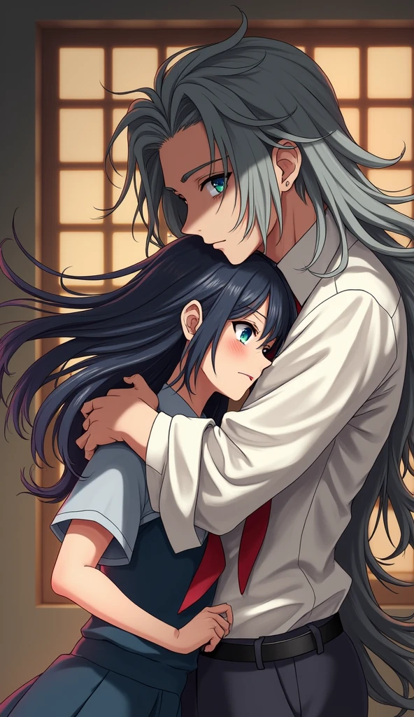 (anime art wallpaper 32k:1.9, Highest quality, masterpiece, Ultra-high resolution), Perfect dynamic composition:1.3, Highly detailed skin and facial textures:1.3, Cute sexy slim Japanese schoolgirl, Tall slim man, (Man hugging woman:1.3), Fair skin, ((Clarity:1.1)), (Man is anime「Demon slayer」Duma, Long silver-blonde hair, Rainbow Eyes:1.5), (The woman is wearing a uniform with a red tie:1.3, The woman has long, straight black hair.:1.3, smile:0.9, A man completely charms a woman:0.9, beautiful Blue Eyes, beautiful, Clear Eyes:0.8), Sexy Face:0.4, blush:1.1, (beautifulエロティシズムを醸し出す雰囲気:0.8), Professional random camera work, Cinematic Lighting Effects, (Full Body Shot), (Too erotic), romantic, mysterious, Object of admiration, original, dramatic, artistic, Innovative, charm, Heartful, Fancy, Tilt, sense of loss, special, exciting, Extreme, sense of openness, joy, joyの表現, ((若さのcharm, 女性的なcharm))