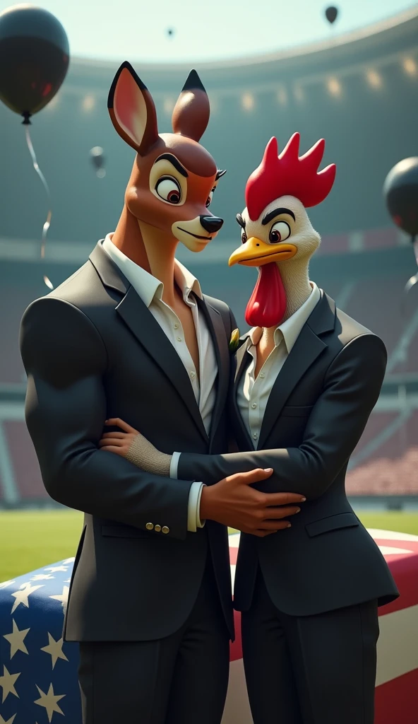 a bambi, muscular, puffed chest, wearing a black suit, crying, sad expression, being comforted by the rooster bird, muscular, puffed chest, black suit, inside a soccer stadium, sad seeing a coffin with a flag over it highlighted in the colors blue, white, red, black balloons flying in the wind