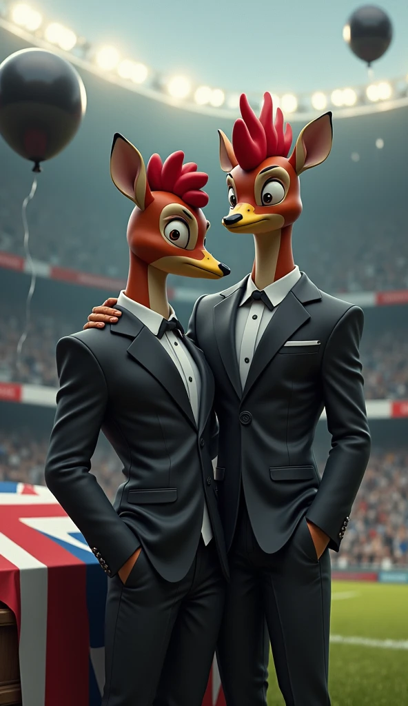 a bambi, muscular, puffed chest, wearing a black suit, crying, sad expression, being comforted by the rooster bird, muscular, puffed chest, black suit, inside a soccer stadium, sad seeing a coffin with a flag over it highlighted in the colors blue, white, red, black balloons flying in the wind