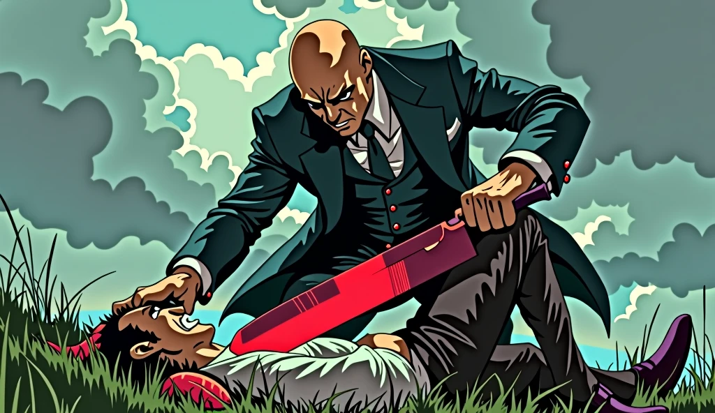 Create a dynamic and intense thumbnail featuring two characters in a dramatic scene. One character, a strong-looking bald man in a suit, is holding a knife and angrily pressing down on the other character, who is lying on the ground with a pained but defiant expression. The background shows a cloudy sky and green grass, enhancing the tension in the scene. The overall mood should be intense, with high contrast and vivid colors to grab attention.the knife has turned red