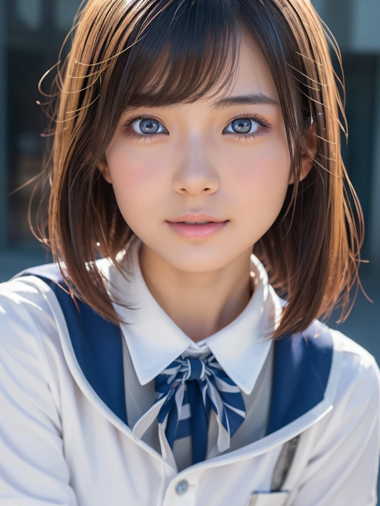 NSFW,(a ultra cute beautiful girl wearing highschool uniform:1.5),charming smile,mixed race of Japanese and Nordic,large clear light blue eyes,droppy eyes,balanced eyes,transparent white skin,(silver short hair:1.25),photorealistic, 8k, ultra-detailed, masterpiece, realistic, vivid colors, beautiful detailed eyes, beautiful detailed lips, extremely detailed face, intricate details, hyper realistic, cinematic lighting, dramatic shadows, stunning composition, intense atmosphere, highly detailed skin, exquisite facial features, volumetric lighting, raytraced global illumination, physically-based rendering, professional digital art,high resolution fix