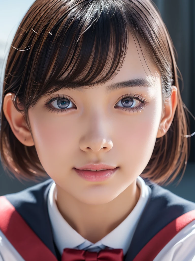 NSFW,(a ultra cute beautiful girl wearing highschool uniform:1.5),charming smile,mixed race of Japanese and Nordic,large clear light blue eyes,droppy eyes,balanced eyes,transparent white skin,(silver short hair:1.25),photorealistic, 8k, ultra-detailed, masterpiece, realistic, vivid colors, beautiful detailed eyes, beautiful detailed lips, extremely detailed face, intricate details, hyper realistic, cinematic lighting, dramatic shadows, stunning composition, intense atmosphere, highly detailed skin, exquisite facial features, volumetric lighting, raytraced global illumination, physically-based rendering, professional digital art,high resolution fix