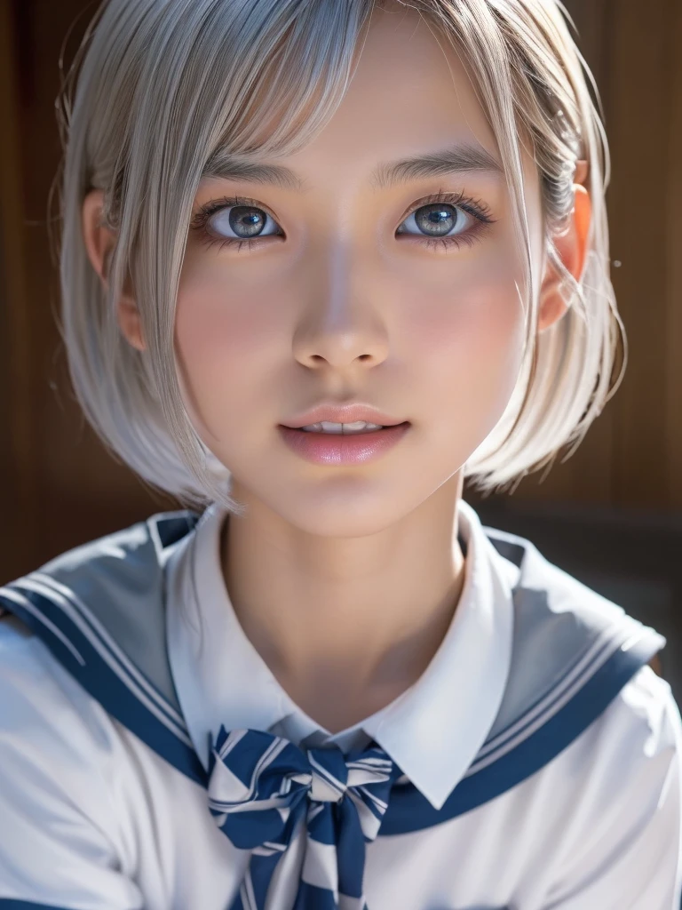 NSFW,(a ultra cute beautiful girl wearing highschool uniform:1.5),charming smile,mixed race of Japanese and Nordic,large clear light blue eyes,droppy eyes,balanced eyes,transparent white skin,(silver short hair:1.25),photorealistic, 8k, ultra-detailed, masterpiece, realistic, vivid colors, beautiful detailed eyes, beautiful detailed lips, extremely detailed face, intricate details, hyper realistic, cinematic lighting, dramatic shadows, stunning composition, intense atmosphere, highly detailed skin, exquisite facial features, volumetric lighting, raytraced global illumination, physically-based rendering, professional digital art,high resolution fix
