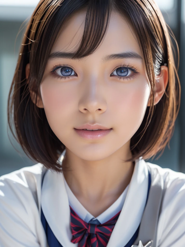 NSFW,(a ultra cute beautiful girl wearing highschool uniform:1.5),charming smile,mixed race of Japanese and Nordic,large clear light blue eyes,droppy eyes,balanced eyes,transparent white skin,(silver short hair:1.25),photorealistic, 8k, ultra-detailed, masterpiece, realistic, vivid colors, beautiful detailed eyes, beautiful detailed lips, extremely detailed face, intricate details, hyper realistic, cinematic lighting, dramatic shadows, stunning composition, intense atmosphere, highly detailed skin, exquisite facial features, volumetric lighting, raytraced global illumination, physically-based rendering, professional digital art,high resolution fix