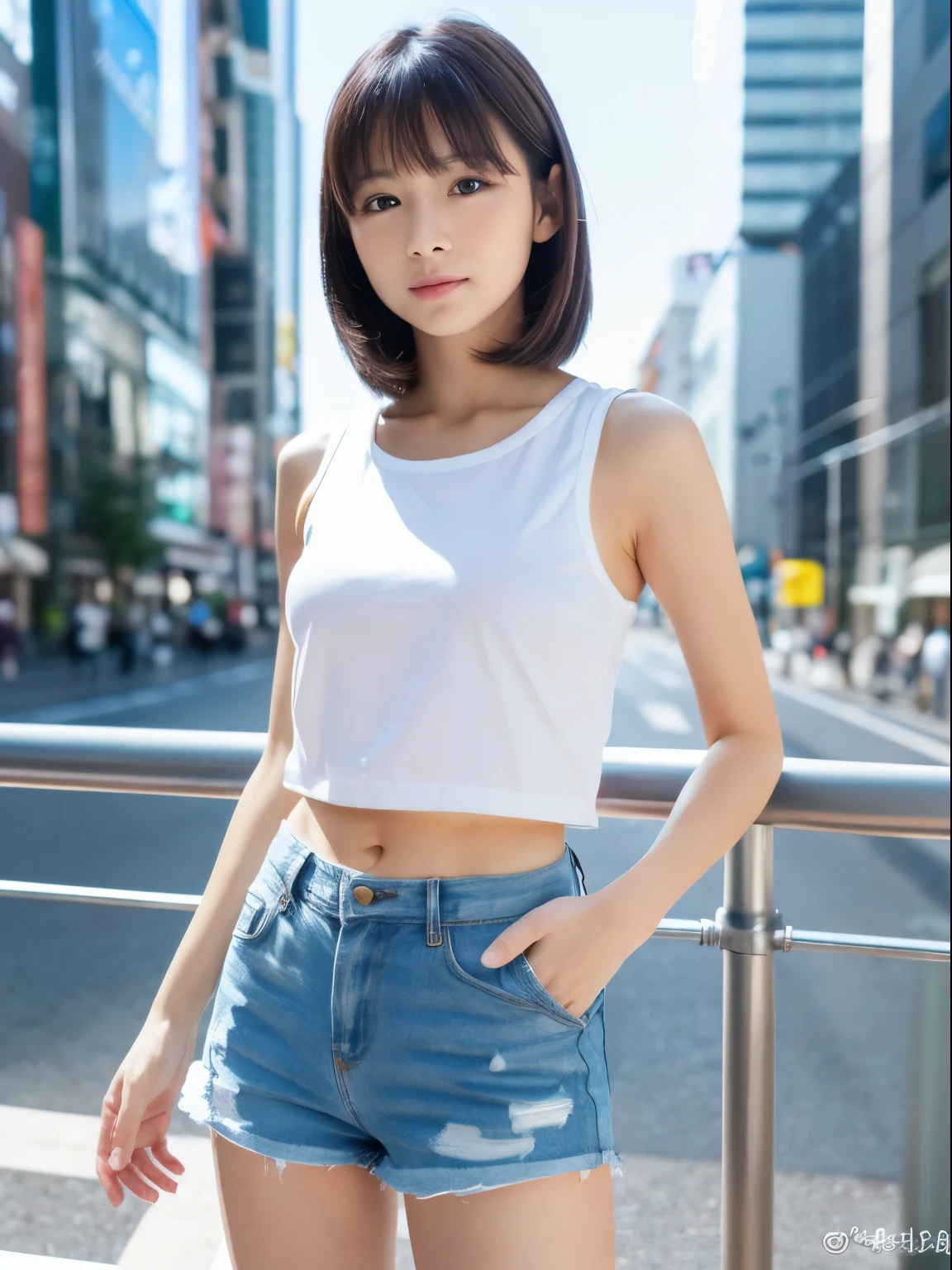 (8k, Top quality, Masterpiece:1.2), (Realistic, photo-realistic:1.37), Super detailed, perfect ???????, cute, small eyes, 1, a Japanese, girl, shorts, slim legs, cityscape,