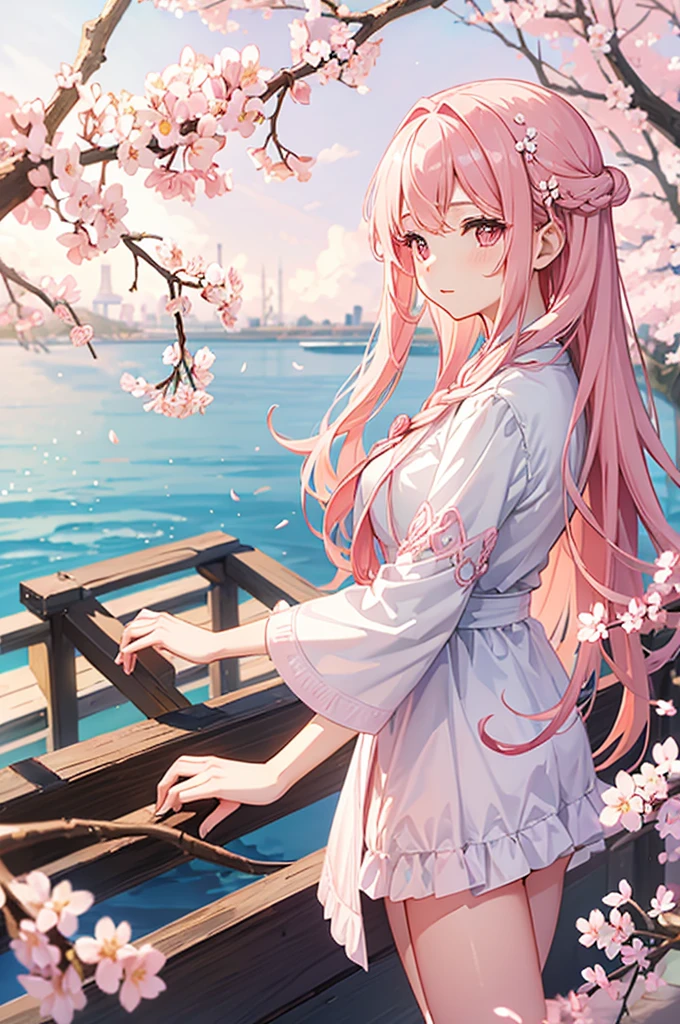 A tranquil spring scene with cherry blossoms in full bloom, Young woman with long pink hair and soft pink eyes, Dressed in delicate spring attire, Looks like he's about to doze off quietly under the cherry blossom tree., Petals fall gently around her, Soft light shines through the cherry blossoms, Warm and calm atmosphere, Anime Style, Detailed Environment, Soft focus on the characters, Dreamy and tranquil mood,attractive and large breasts