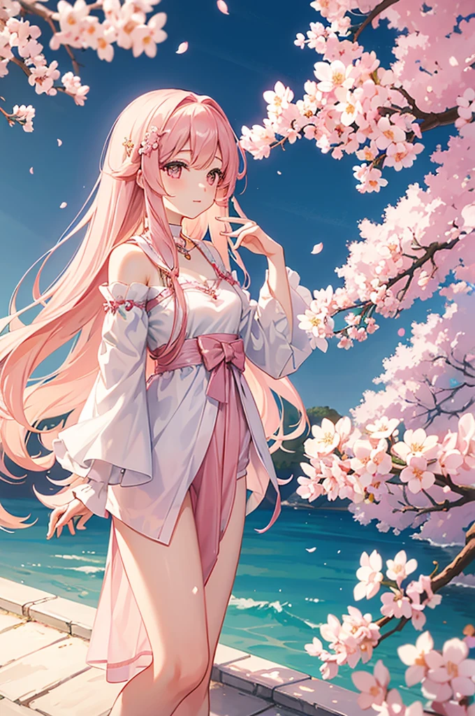 A tranquil spring scene with cherry blossoms in full bloom, Young woman with long pink hair and soft pink eyes, Dressed in delicate spring attire, Looks like he&#39;s about to doze off quietly under the cherry blossom tree., Petals fall gently around her, Soft light shines through the cherry blossoms, Warm and calm atmosphere, Anime Style, Detailed Environment, Soft focus on the characters, Dreamy and tranquil mood,attractive and large breasts