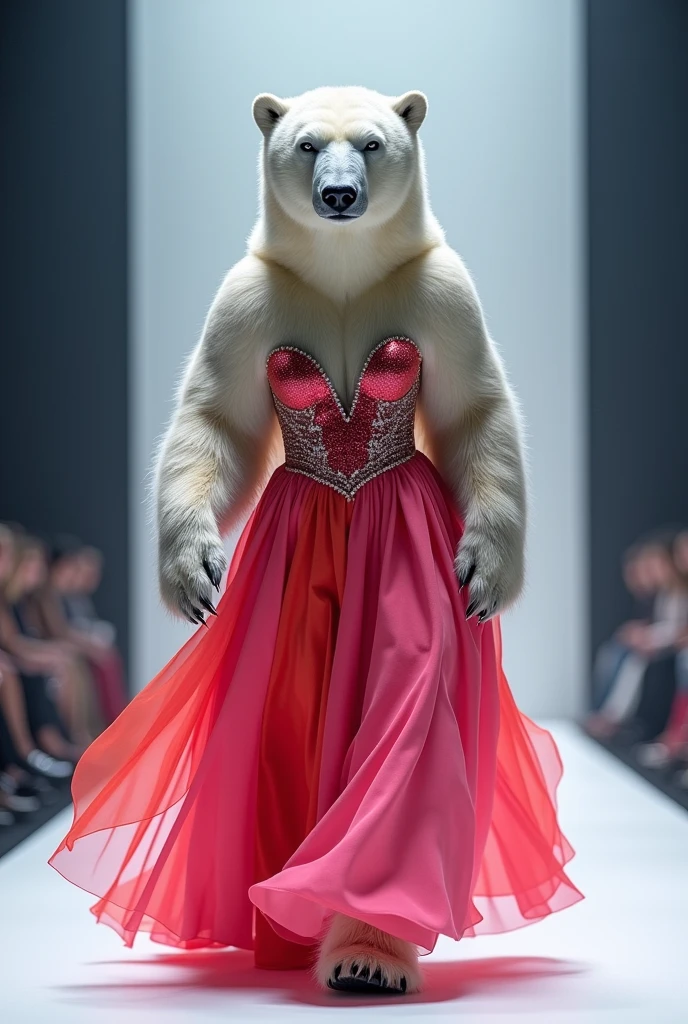 A beautiful polar bear wearing a pink and red maxi dress walks the runway at a fashion show,
