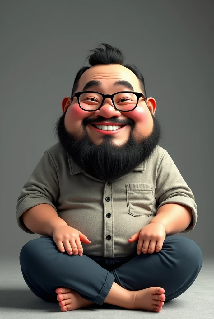 4d caricature ,Indonesian man,3,fat body,thin mustache ,bearded,glasses,wearing a white shirt,cloth pants,sitting on the carpet,legs crossed folded ,smile,begron abu polos,There is writing "Leap Assembly",ultrahd,hyperrealistic,ultra detail ,super image quality,16k