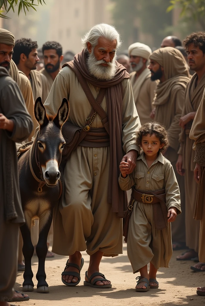 An old man holds a son by his hand and a donkey by his side Many people are saying something to them