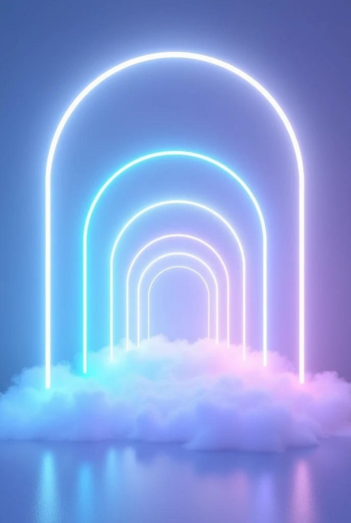 Surreal,Rounded neon picture frames overlap and continue all the way to the back,Gradually getting smaller,Blue and purple、Sparkling、From there comes the mist,light blue wall,Soft glow