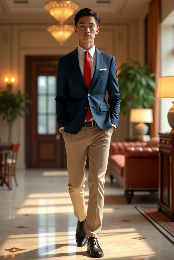 Believe me, a teenager dressed in a navy blue suit, white shirt, Red tie, Beige pants and black shoes... In a luxurious environment