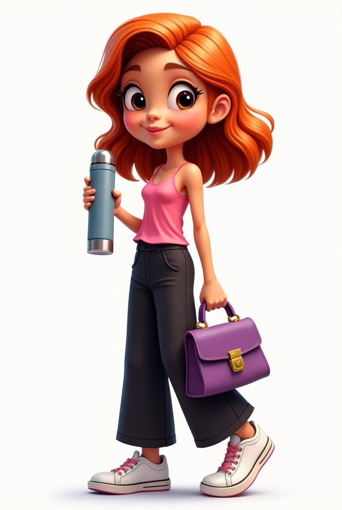 Image of a cartoon girl with shoulder-length red hair, cinnamon skin and dark eyes, dressed in a pink strappy blouse and wide black pants and white tennis shoes, also carrying a thermos of water in her hand and a purple purse