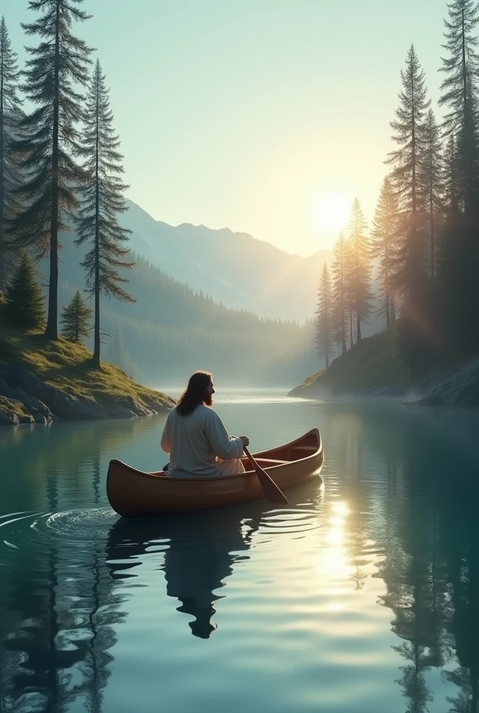 8. Jesus Canoeing on a Calm Lake: A tranquil scene of Jesus in a simple wooden canoe, paddling across a calm, glass-like lake surrounded by towering pine trees. The sky is clear, with the sun just beginning to set, casting a golden light on the water. Jesus is smiling, completely at peace as he paddles, with the reflection of the trees and sky perfectly mirrored in the lake. The distant mountains create a stunning backdrop, and the entire scene radiates serenity and a deep connection to nature