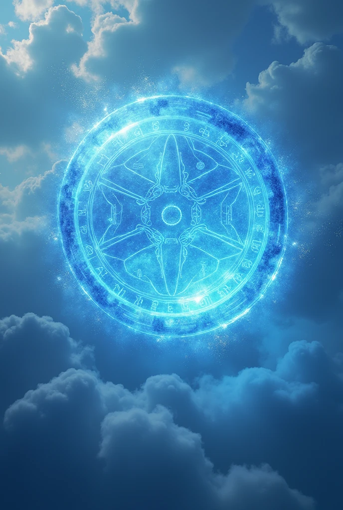 Magic circle floating on the sky, neon blue, ice element