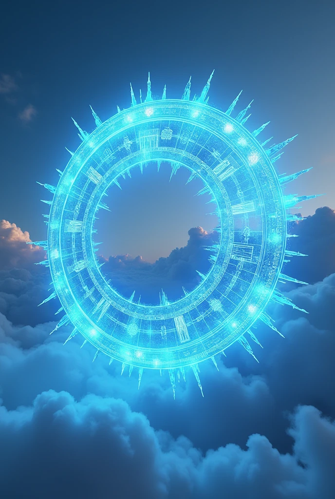 Magic circle floating on the sky, neon blue, ice element