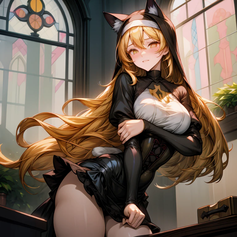 Anime girl, 1 anime girl, long blonde hair, golden eyes, glowing eyes, nun habit, black corset, short skirt, black lace stockings, blush, cat ears, cat tail, dawn, castle church, sunlight, white skin, beautiful, happy pose, parted lips, sad smile, embarrassed, blushing, large stained glass window