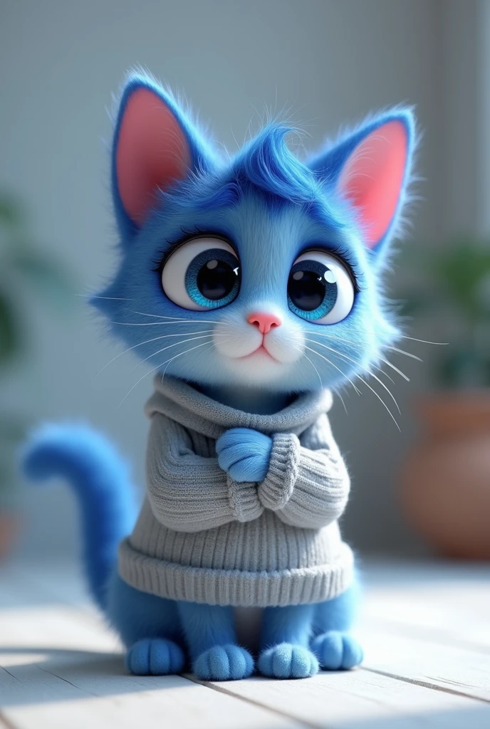 A C4D model, a chibi-style cat with soft, calming blue fur, inspired by Sadness from Inside Out. The cat is dressed in a cozy, oversized gray sweater with a raindrop motif and has large, soulful blue eyes. Its fluffy tail ends in a gentle curve, and it wears small blue slippers, reflecting Sadness's introspective and comforting