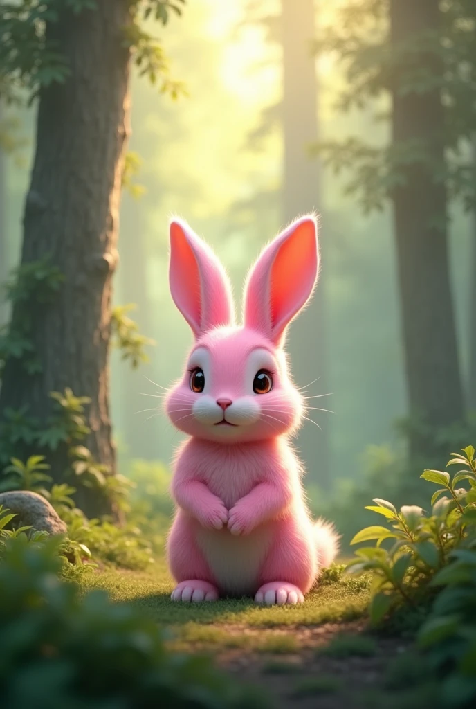 Pink rabbit((Real))(high resolution),8k, Genuine, The light shines through the gaps in the forest。