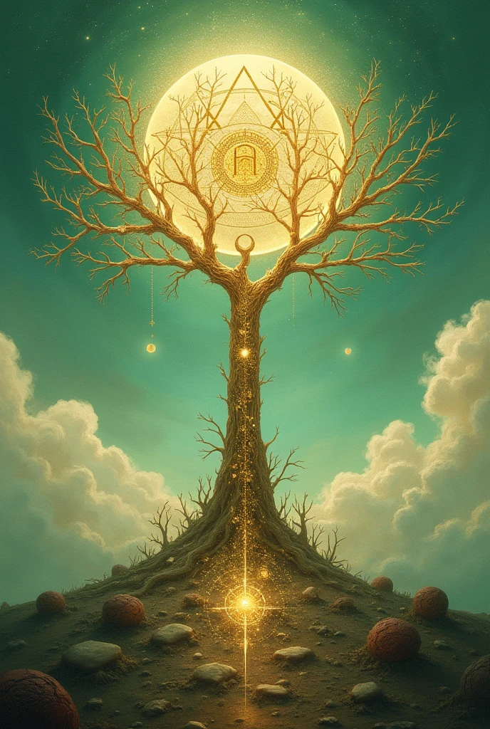 I want something abstract, its background a painting that contains the Jewish sefirot , that has the initial of an important Jewish name of God , that has a similar gold and white motif but I want the other tree, that of the sefirot, I would like the sky with a soft green color that are like circles of the wheel of life
