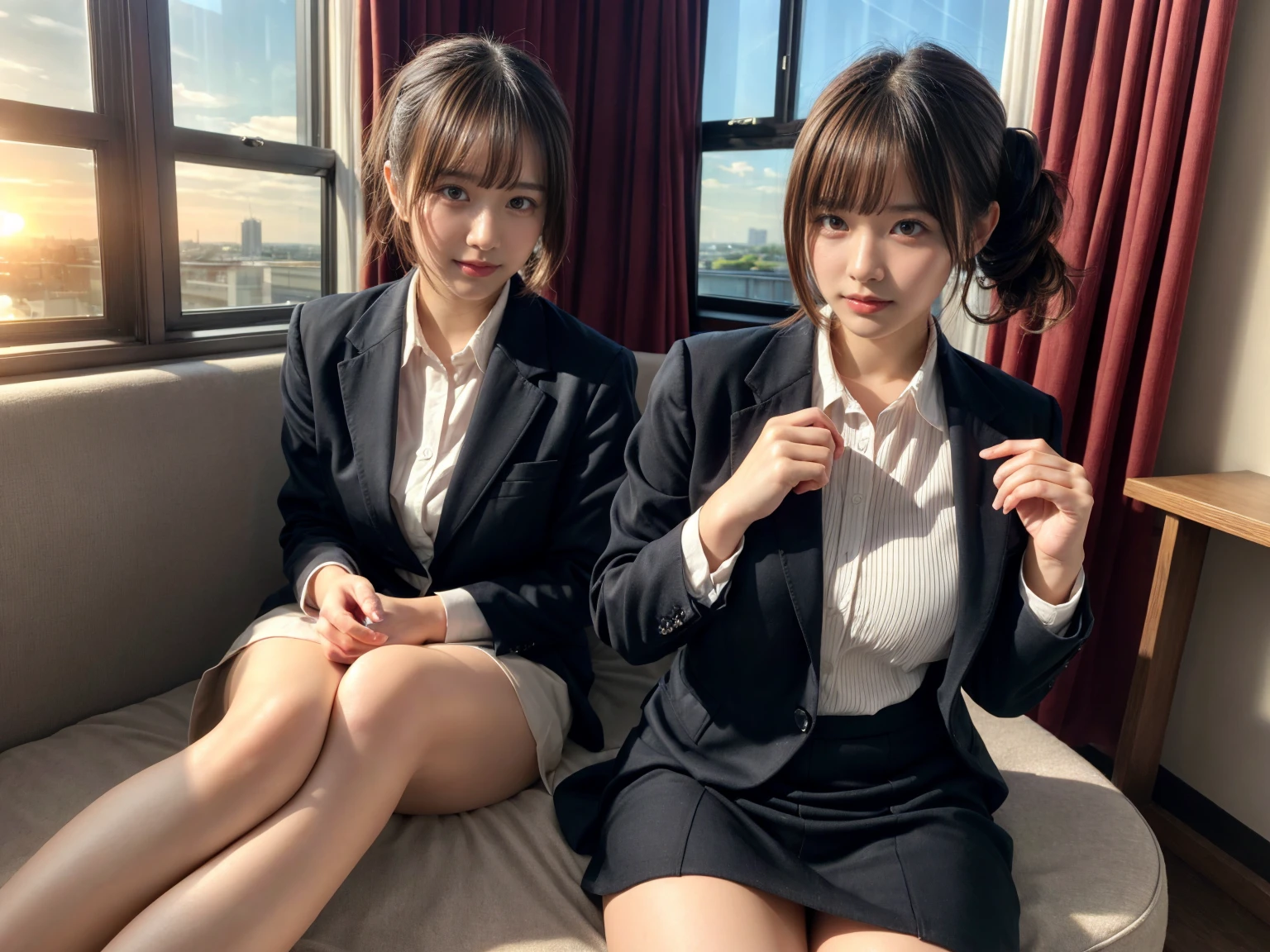 masterpiece, best quality, illustration, Super detailed, fine details, High resolution, 8K,wall paper, perfect dynamic composition,(Details High quality, realistic depiction of eyes:1.3), (2 girls), short hair, Office Lady, ,Suit,Collared shirt, Black Suit,Black jacket, updo, huge breasts, black hair color, Big Natural Color Lip, bold sexy pose, crying a little、Harajuku style、20 year old girl、cute type、ta、beautiful legs, hotel room, full body photo、focus on crotch, hposing Gravure Idol, Sexy shot looking at camera, Sunset, by the window, Summer, make up, Curve