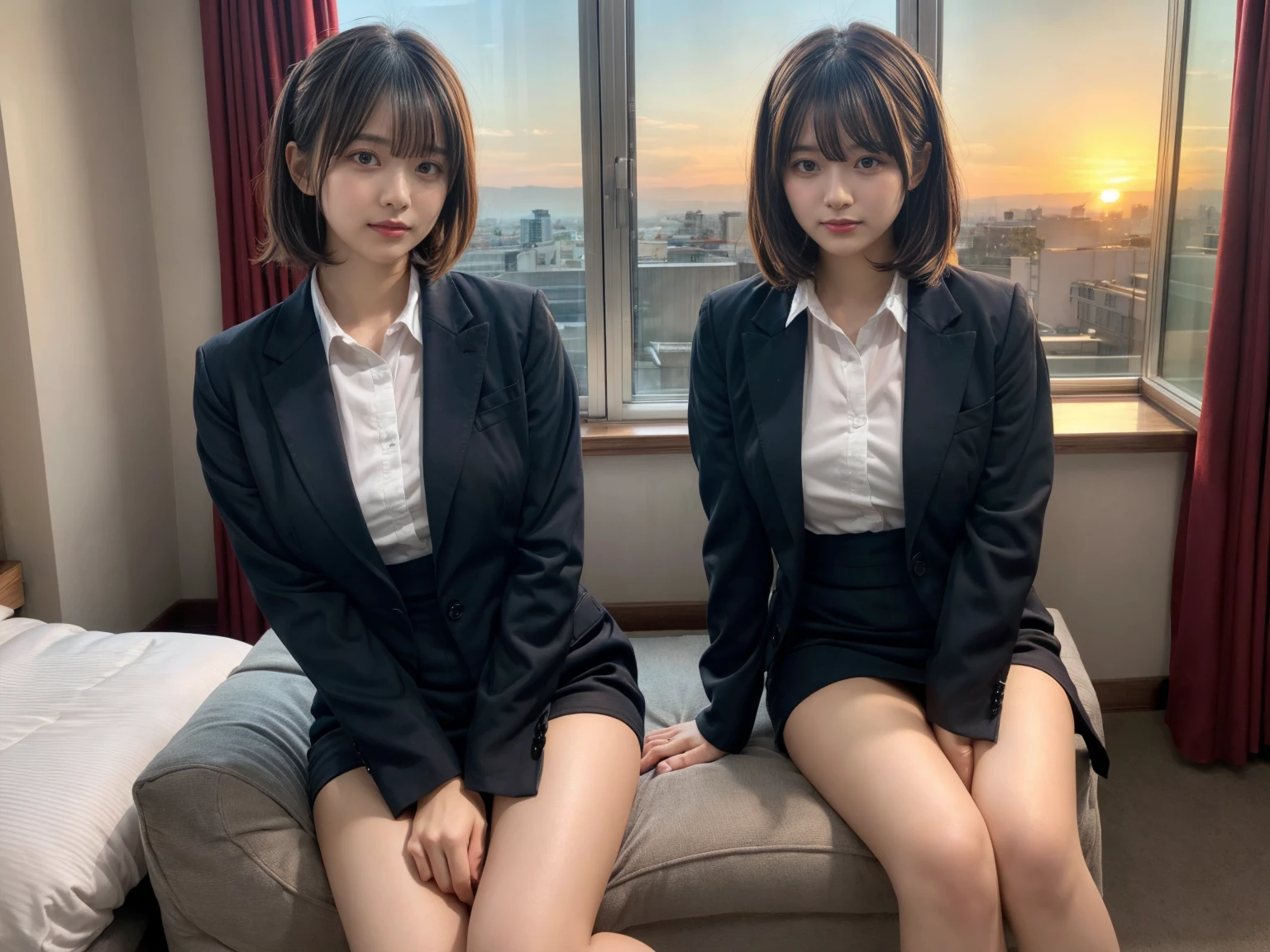 masterpiece, best quality, illustration, Super detailed, fine details, High resolution, 8K,wall paper, perfect dynamic composition,(Details High quality, realistic depiction of eyes:1.3), (2 girls), short hair, Office Lady, ,Suit,Collared shirt, Black Suit,Black jacket, updo, huge breasts, black hair color, Big Natural Color Lip, bold sexy pose, crying a little、Harajuku style、20 year old girl、cute type、ta、beautiful legs, hotel room, full body photo、focus on crotch, hposing Gravure Idol, Sexy shot looking at camera, Sunset, by the window, Summer, make up, Curve