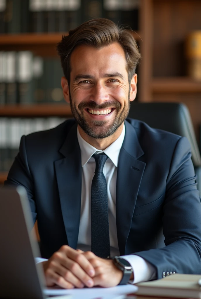 A lawyer, happy and confident worker with a distracted and smiling look