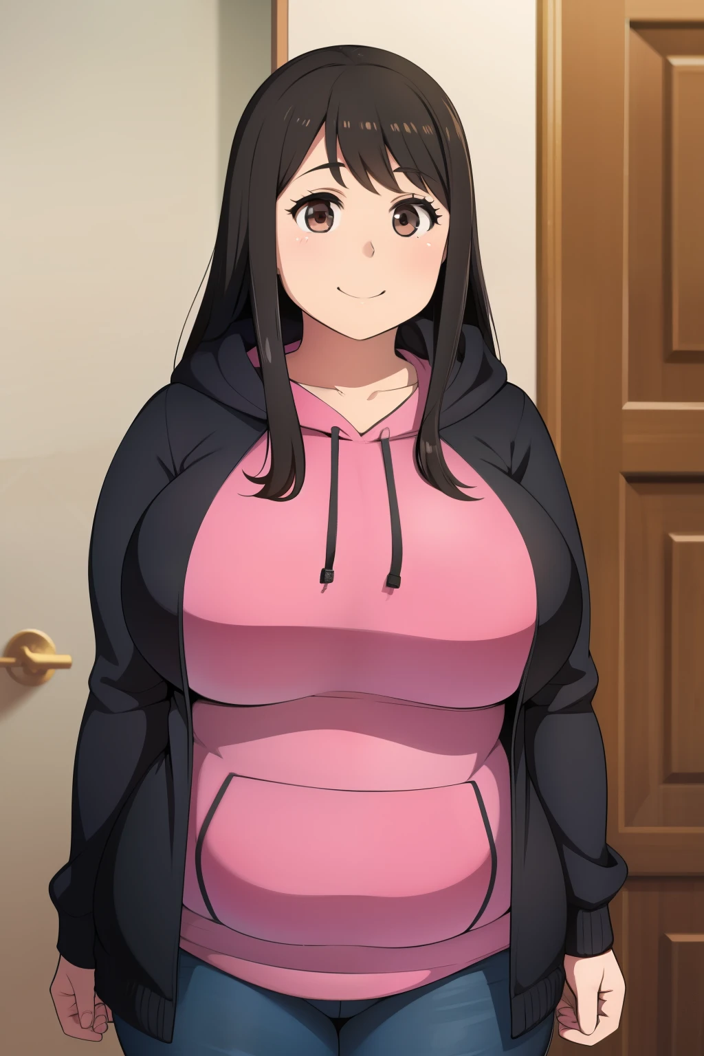 Plump year 21 big breasts black hair brown eyes chubby smile longer hair hoodie