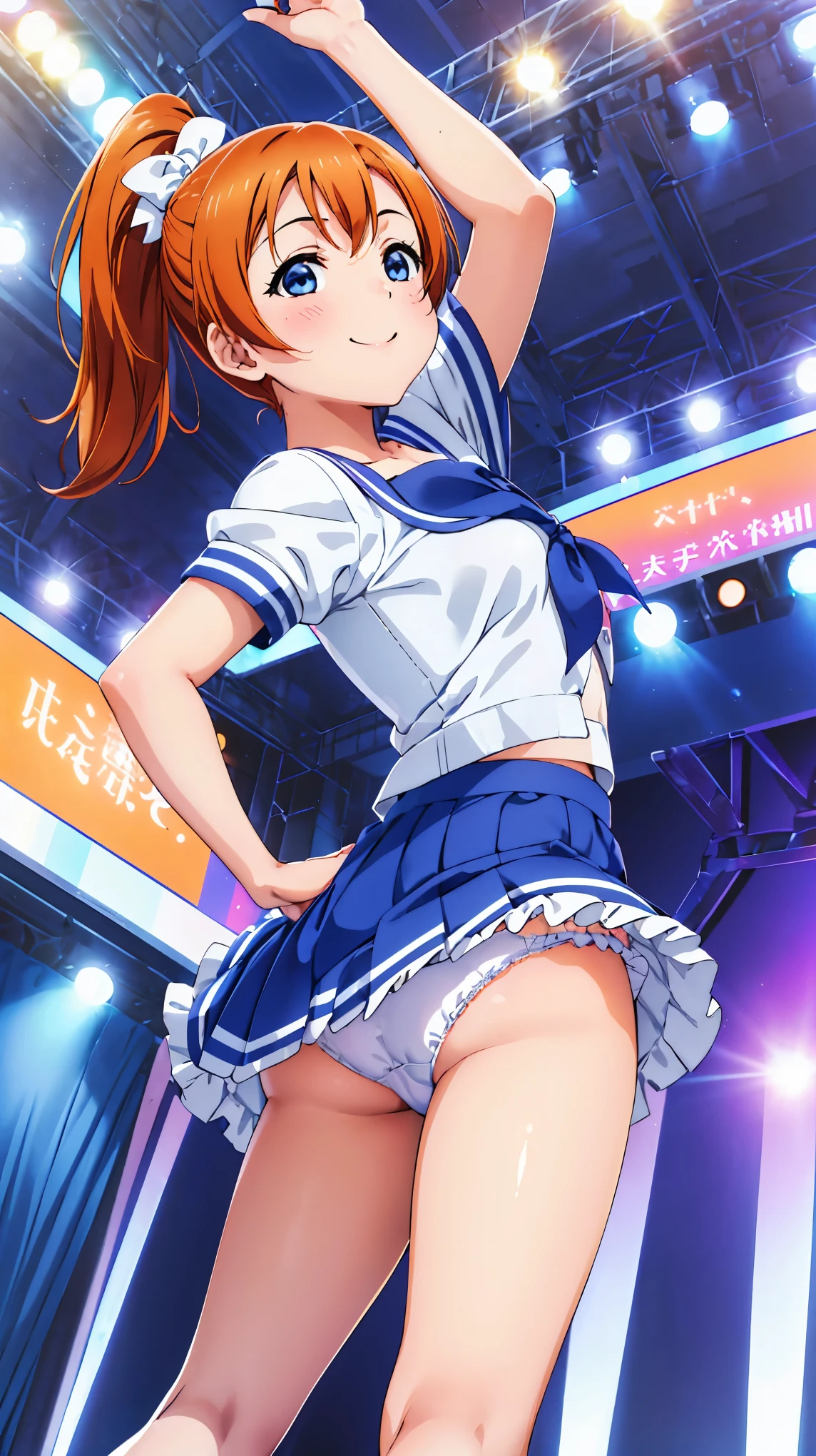 (((Pixel Perfect, Perfect in every detail))),(((Diameter-downward view of skirt,))), alone, One girl, Honoka Kosaka, (m's アイドルドレス), View your viewers, smile, m's,lovelive!stage, sing, (Lifted Skirt 1.3), (Detailed Panties 1.3), (White Panties: 1.3), (Frill Panties: 1.3),(Panty shot), (Cute cotton panties), (Low - Angle) ,Blue eyes,orange hair,one side ponytail,short hair,