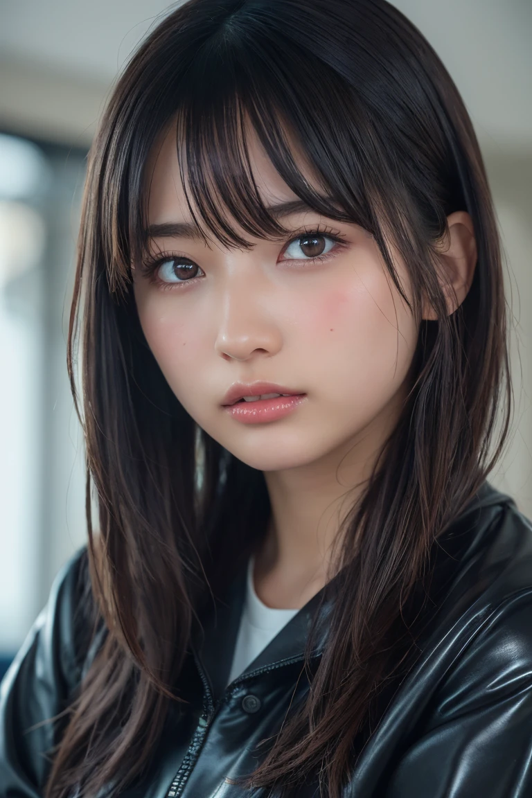 ((Upper Body:1.3)).Blown by the long wind [Blue-black:.3] hair,Looking at the audience, (Tabletop:1.3), (8K, Realistic, RAW Photos, Highest quality: 1.4), Japanese, (1 Girl), Beautiful Face, (Realistic face),{Wavy medium hair|Front hair long bob|short hair with long bangs}{Black hair|Brown hair|Blonde hair}, Beautiful hairstyle, Realistic eyes, Beautiful and beautiful eyes, (Realistic skin), Beautiful Skin, charm, Ultra-high resolution, Surreal, Very detailed, Golden Ratio,Female student、shame(Blushing:1.3),Upper Bodyは裸、Nipples sticking out latex shiny glossy 