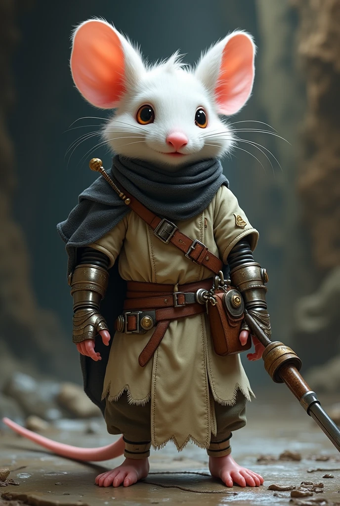 Cheerful white slim humanoid mouse, with light leather armor, black dragon scale hunter hat, bardo, set in dungeon and dragon's, with a legendary rapier and who lost his left arm, being replaced by a mechanical robotic arm with a medieval firearm