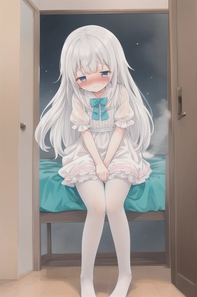 white pantyhose,no shoes,
watercolor, masterpiece, best quality, extremely detailed, 1girl, full body, beautiful detailed eyes, cute anime face, full body, beautiful detailed face, white hair, white dress.BREAK (detailed blue Cotton panties:1.1), masterpiece, best quality, highly detailed, focus panty, cinematic lighting,(blushing:1.3), BREAK (Stain on panties:1.4)