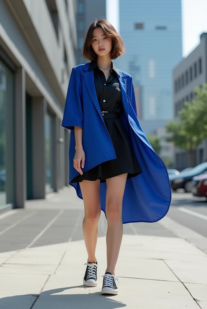 a black shirt, blue blouse, and a black short skirt and sneakers