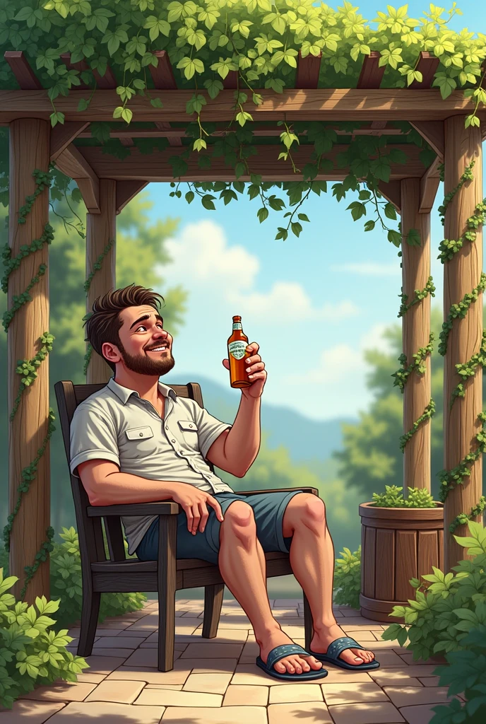 Funny picture with the inscription “Zur Pergola Zeit komm i nemme” of a pergola and a guy with a beer in his hand