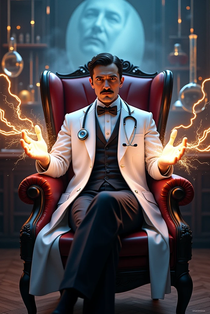 The scientist Tesla sits on a luxurious chair, wearing a white coat and a stethoscope. The doctor has electricity in his hands, and behind him are physics experiments suitable for the cover of a book or magazine, in addition to the most luxurious electrical effect next to him.