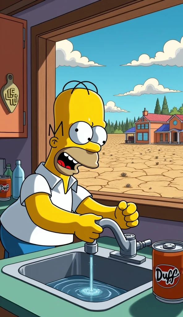 a simpsons style image of a drought in Springfield and Homer Simpson looking shocked to see the tap doesn't work