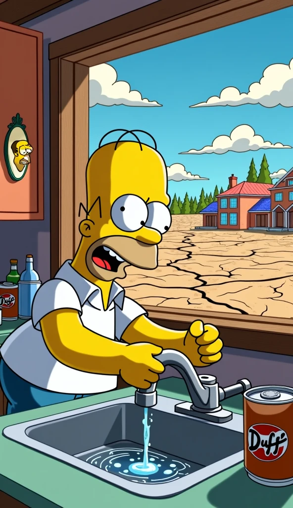a simpsons style image of a drought in Springfield and Homer Simpson looking shocked to see the tap doesn't work