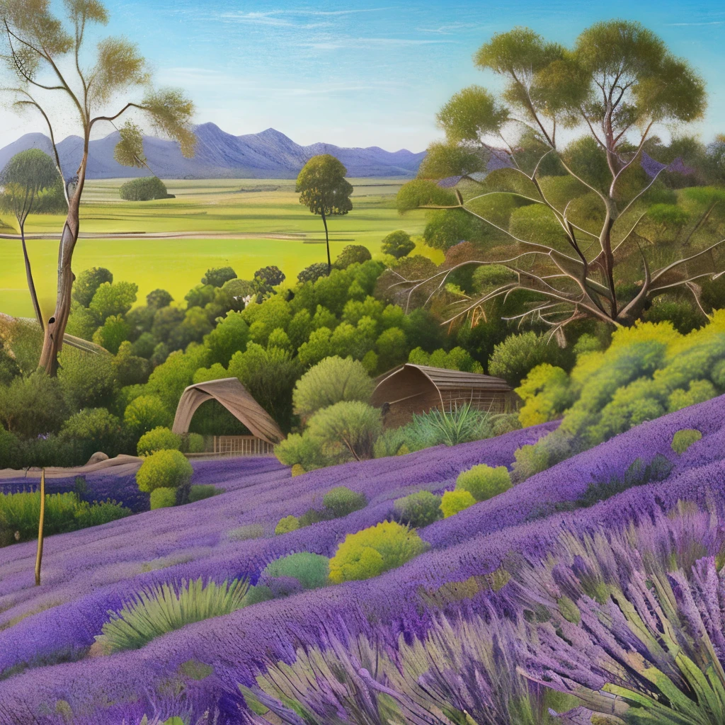 there is a small bush of lavender growing in the garden, a pastel by Carlo Randanini, flickr, hurufiyya, strange vegetation, lavender plants, vicious snapping alligator plant, sage, spike - like branches, alexandros pyromallis, overgrowth of grass, “ iron bark, entangled foliage, intricate foreground, willow plant, proteus vulgaris