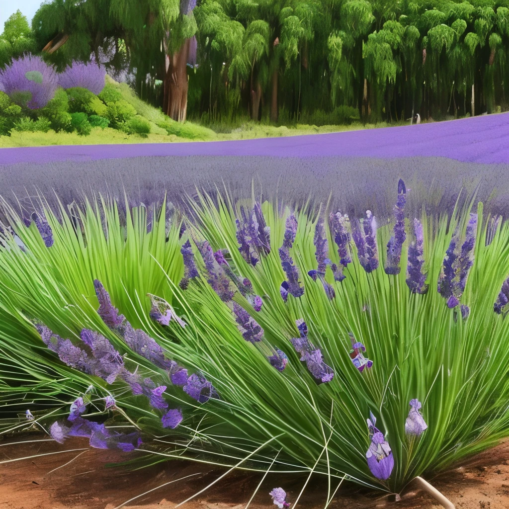 there is a small bush of lavender growing in the garden, a pastel by Carlo Randanini, flickr, hurufiyya, strange vegetation, lavender plants, vicious snapping alligator plant, sage, spike - like branches, alexandros pyromallis, overgrowth of grass, “ iron bark, entangled foliage, intricate foreground, willow plant, proteus vulgaris