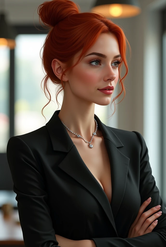 "A young woman with red hair, elegantly tied in a high bun, is dressed in a black blazer that highlights her professional and sophisticated style. She wears a diamond necklace that contrasts softly with her outfit.. His expression is serene, with expressive clear eyes that convey confidence. The scene must capture the entire body of the woman standing, revealing her elegant posture and the entirety of her attire, in an environment that suggests an office or workspace, with crisp, lifelike details

