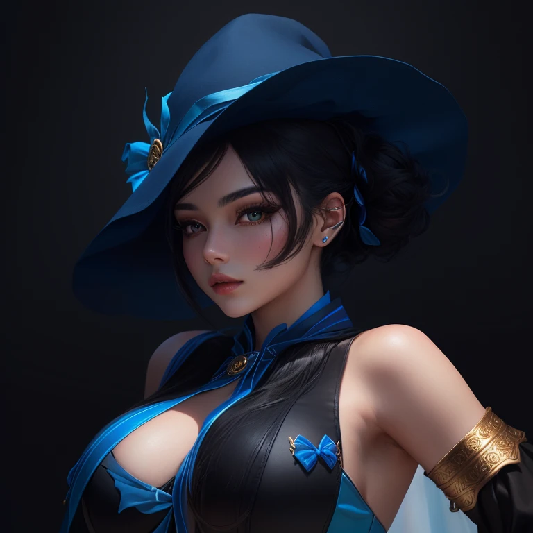 Arab woman in a blue hat and black dress with a blue ribbon, Highly detailed characters, pretty magician, human :: magician, Outfit with blue accents, 8k octa-rendered photo, April Rendering, Blue Witch Hat, Inspired by Ren Mei, Octane Rendering, Characters wearing hats, Ultra-detailed fantasy characters