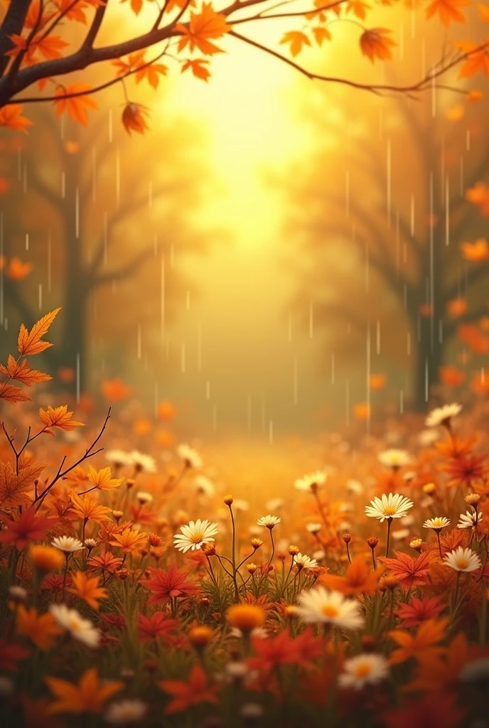 spring background, slightly dark. realism and very beautiful, slightly close up, as for a template with autumn leaves and flowers, and also rain and so that it was in yellow-orange colors and tones with a beautiful background for the template in orange and yellow tones