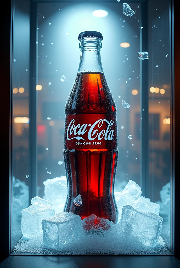 display window with a large coke in the middle, several ice cubes around and a refreshing mist around the Coca Cola bottle