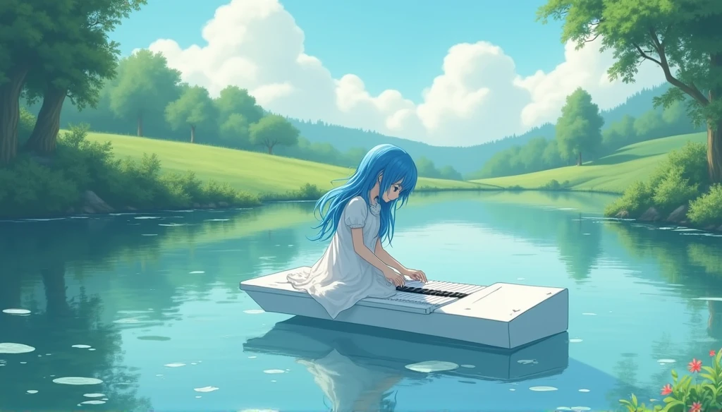 Blue-haired girl playing piano,White Dress,A floating white piano on a lake,Ghibli-style anime scene